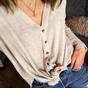 Urban Outfitters Jojo Thermal Oatmeal Oversized V-Neck Button Down Hem Tie Top